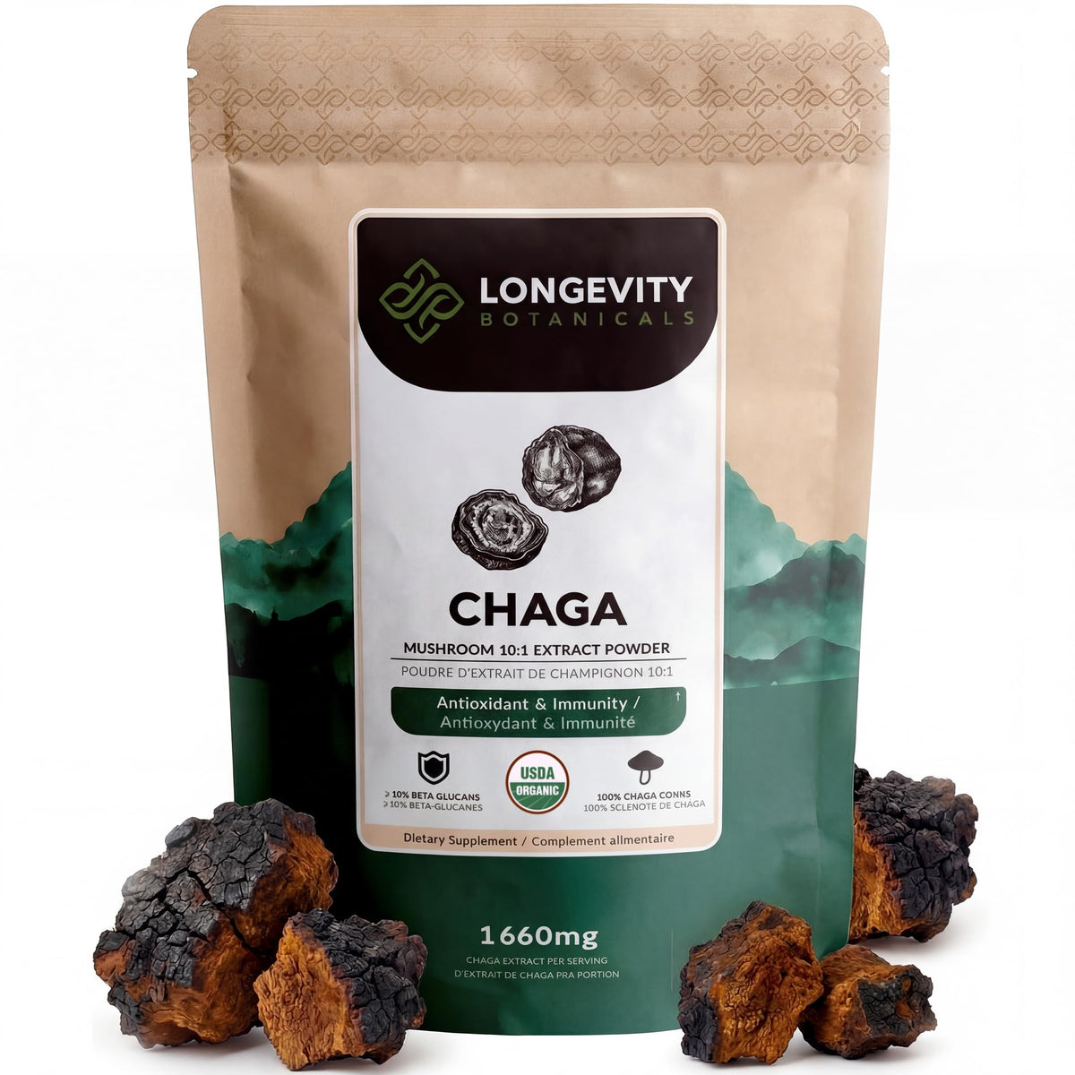 Poudre de champignon Chaga bio Longevity Botanicals 110g vue de face