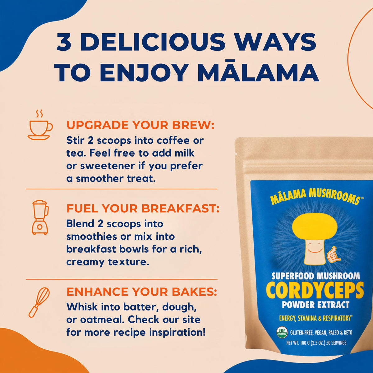Poudre de champignon Cordyceps bio Malama Mushrooms avec cuillère doseuse