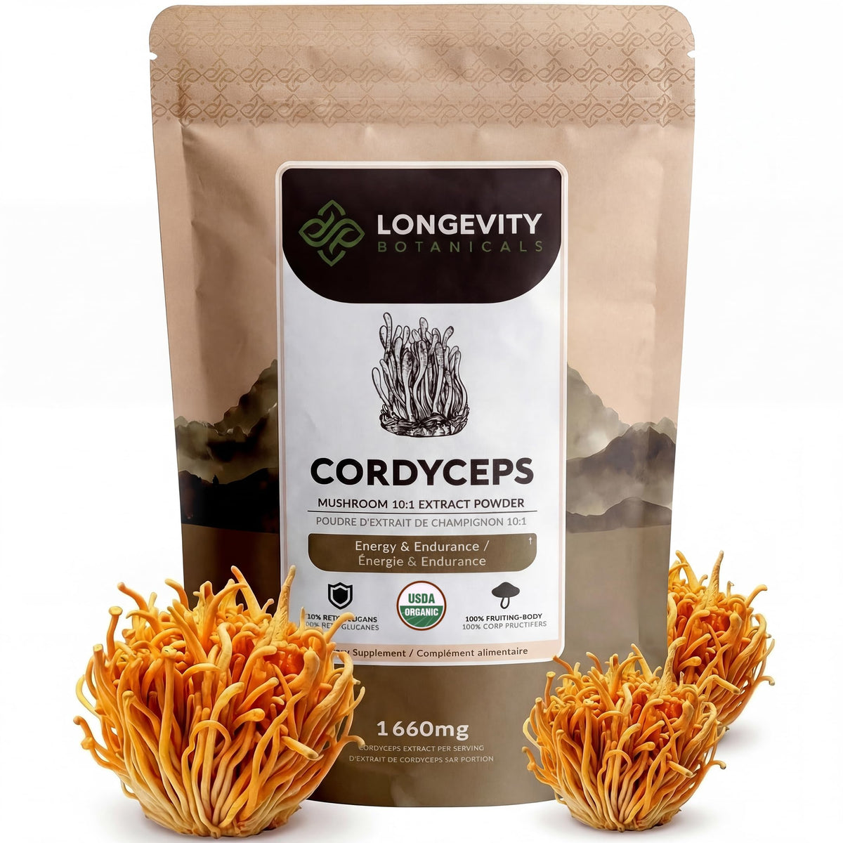 Poudre de champignon Cordyceps Longevity Botanicals dans un sachet ouvrant