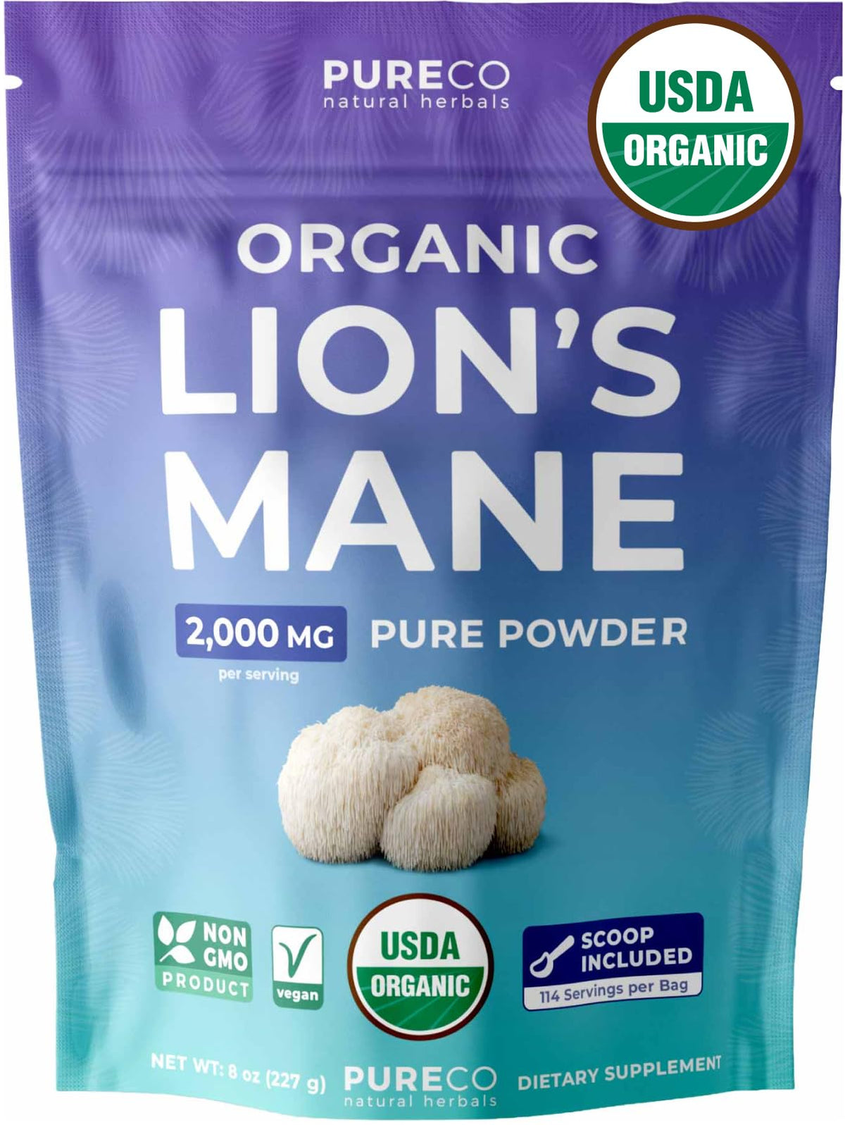 Poudre de champignon crinière de lion PURE CO 249g vue avant