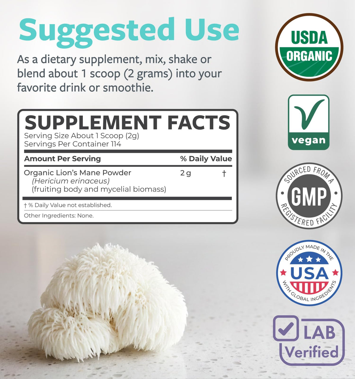 Poudre de champignon crinière de lion PURE CO dans un bol avec d'autres ingrédients