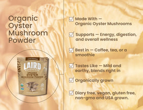 Poudre de champignon huître bio Laird Superfood 100g en utilisation dans un smoothie