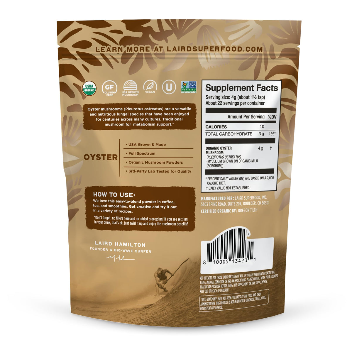 Poudre de champignon huître bio Laird Superfood 100g vue arrière