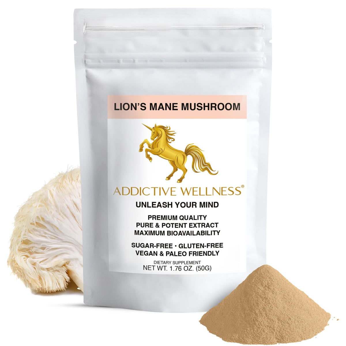 Poudre de champignon Lion's Mane 1500 mg d'Addictive Wellness, vue de face