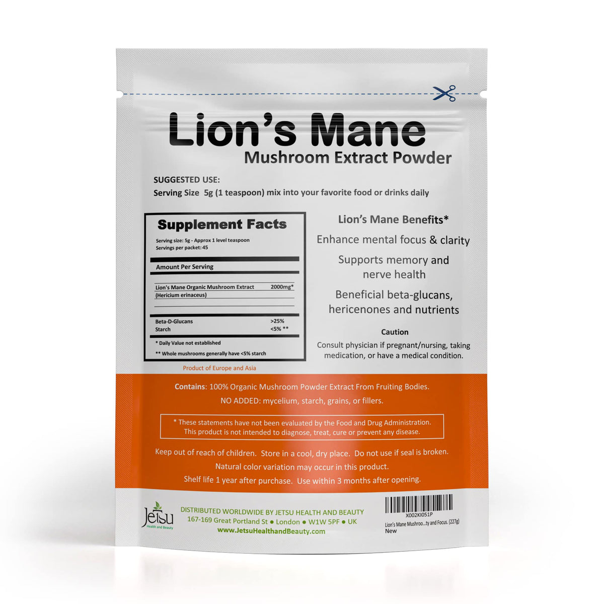 Poudre de champignon Lion's Mane Jetsu sur un plan de travail