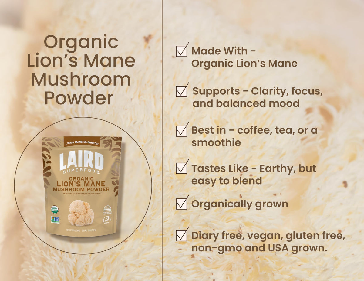 Poudre de champignon Lion's Mane Laird Superfood dans un verre
