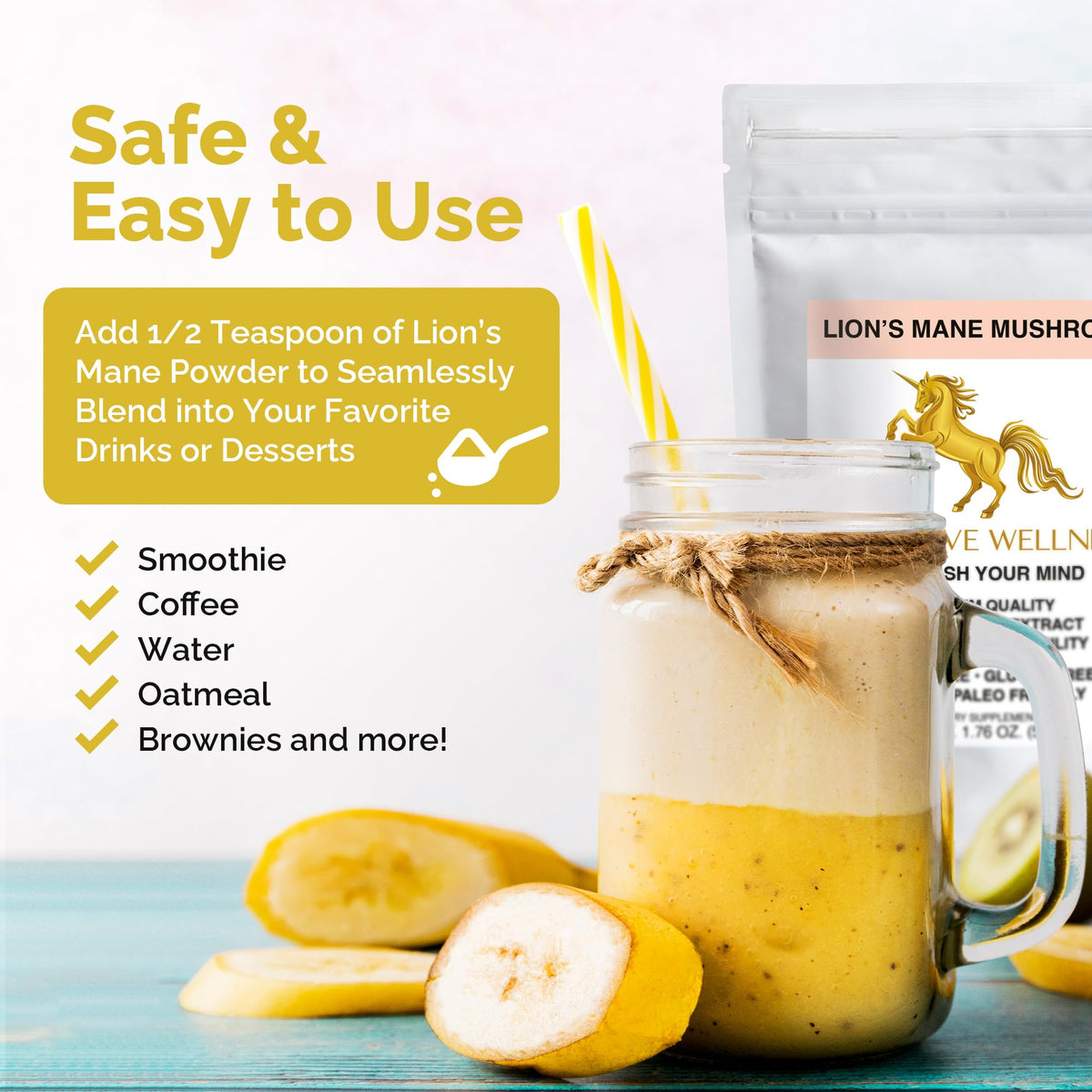 Poudre de champignon Lion's Mane mélangée dans un smoothie