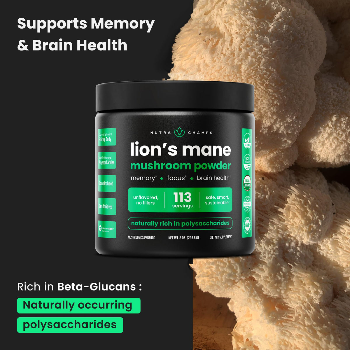 Poudre de champignon Lion's Mane NutraChamps dans un bol avec cuillère
