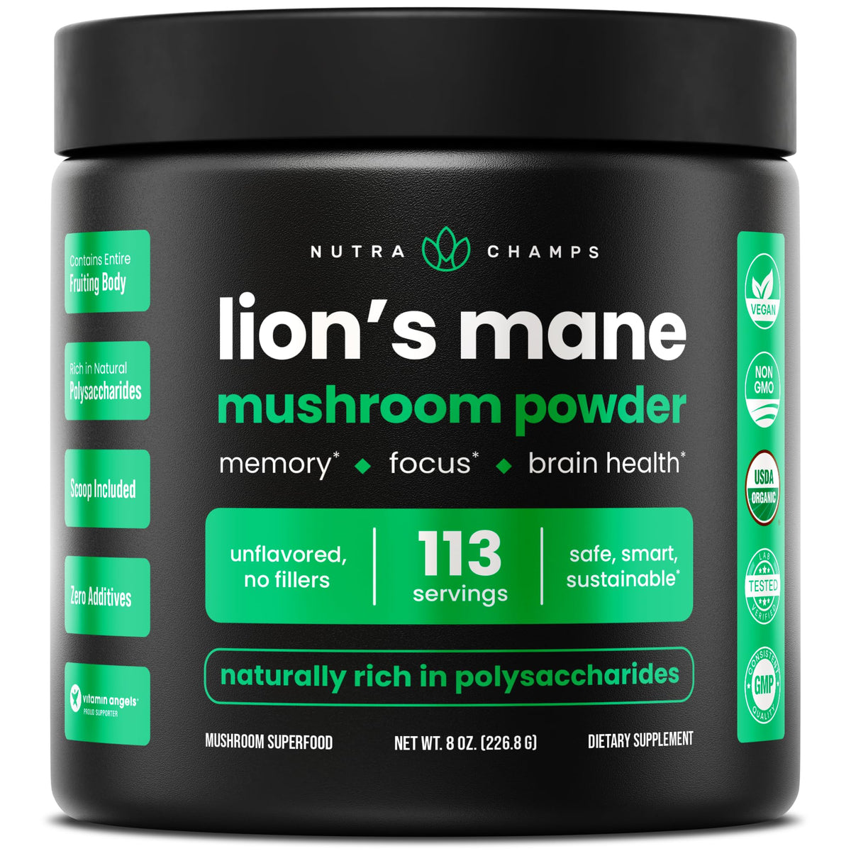 Poudre de champignon Lion's Mane NutraChamps vue avant avec emballage