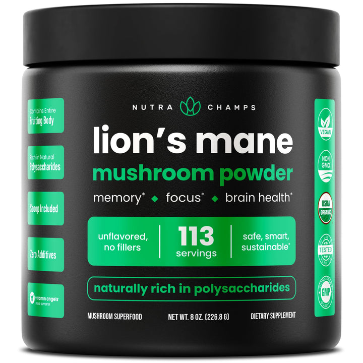 Poudre de champignon Lion's Mane NutraChamps vue avant avec emballage