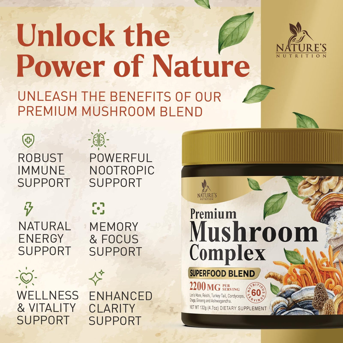 Poudre de champignon Nature's Nutrition dans un verre d'eau