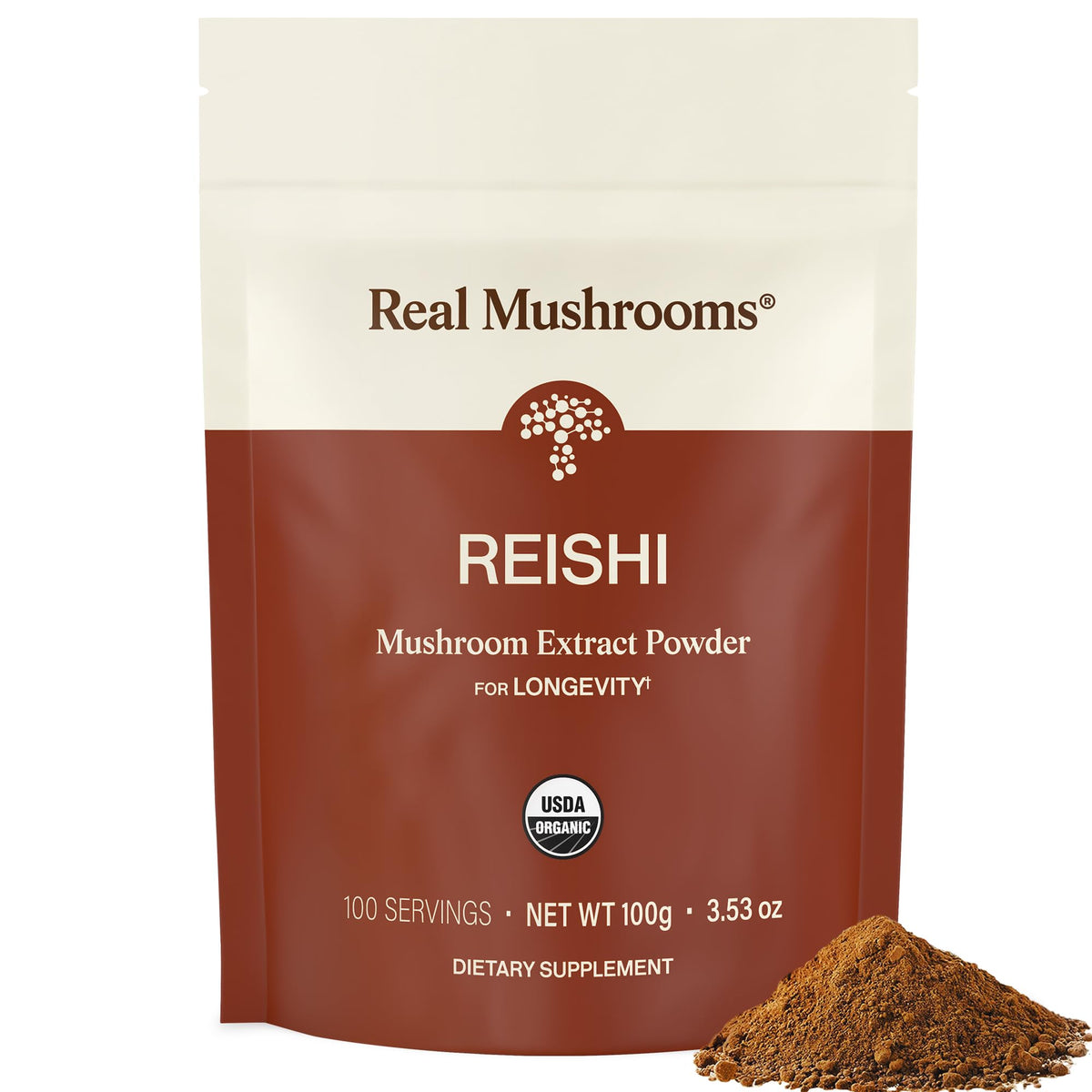Poudre de champignon Reishi 110g de Real Mushrooms en boîte