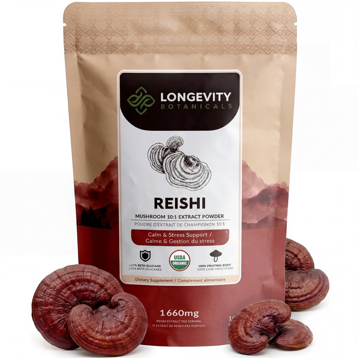 Poudre de champignon Reishi bio Longevity Botanicals 109g vue de face