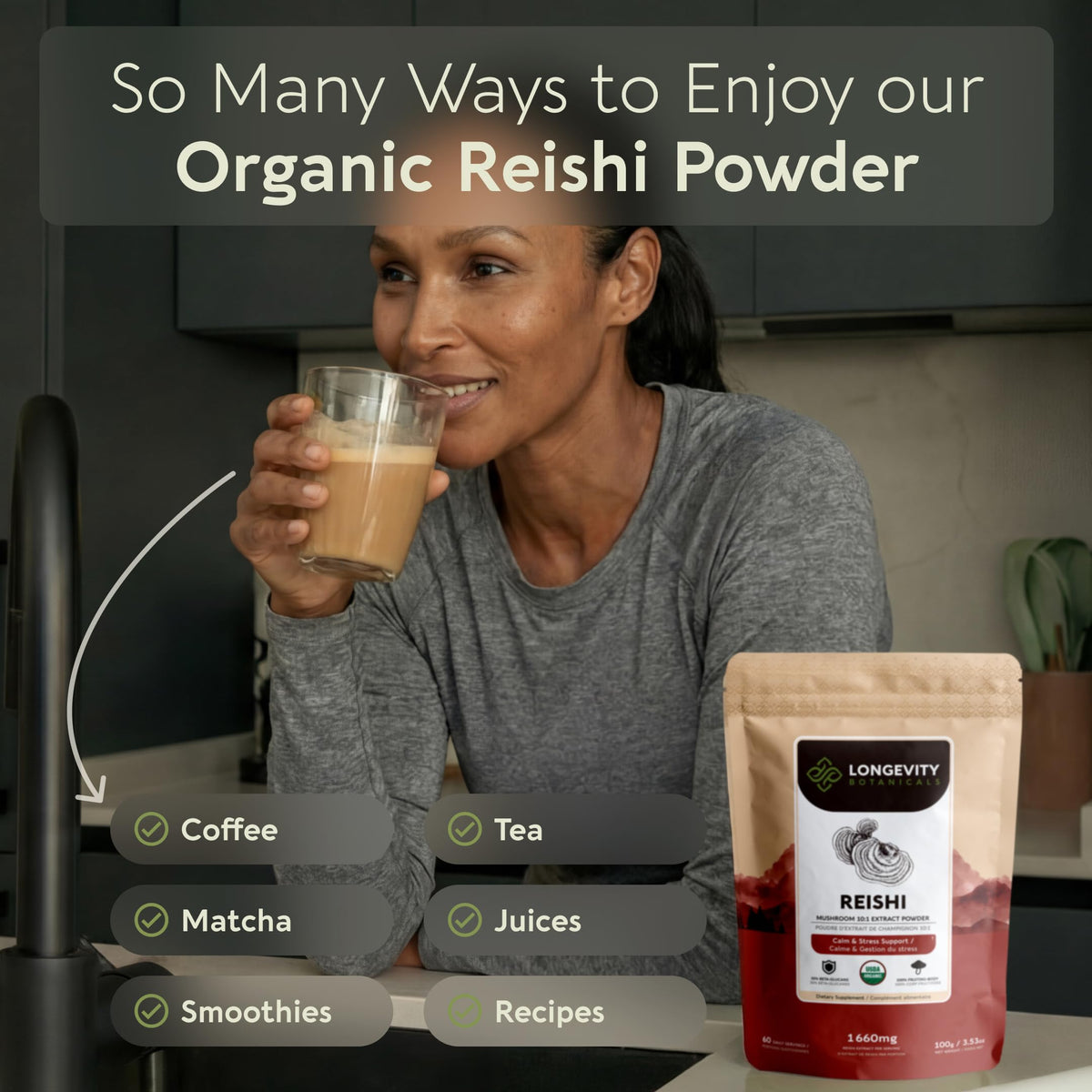 Poudre de champignon Reishi bio Longevity Botanicals en utilisation dans une boisson chaude