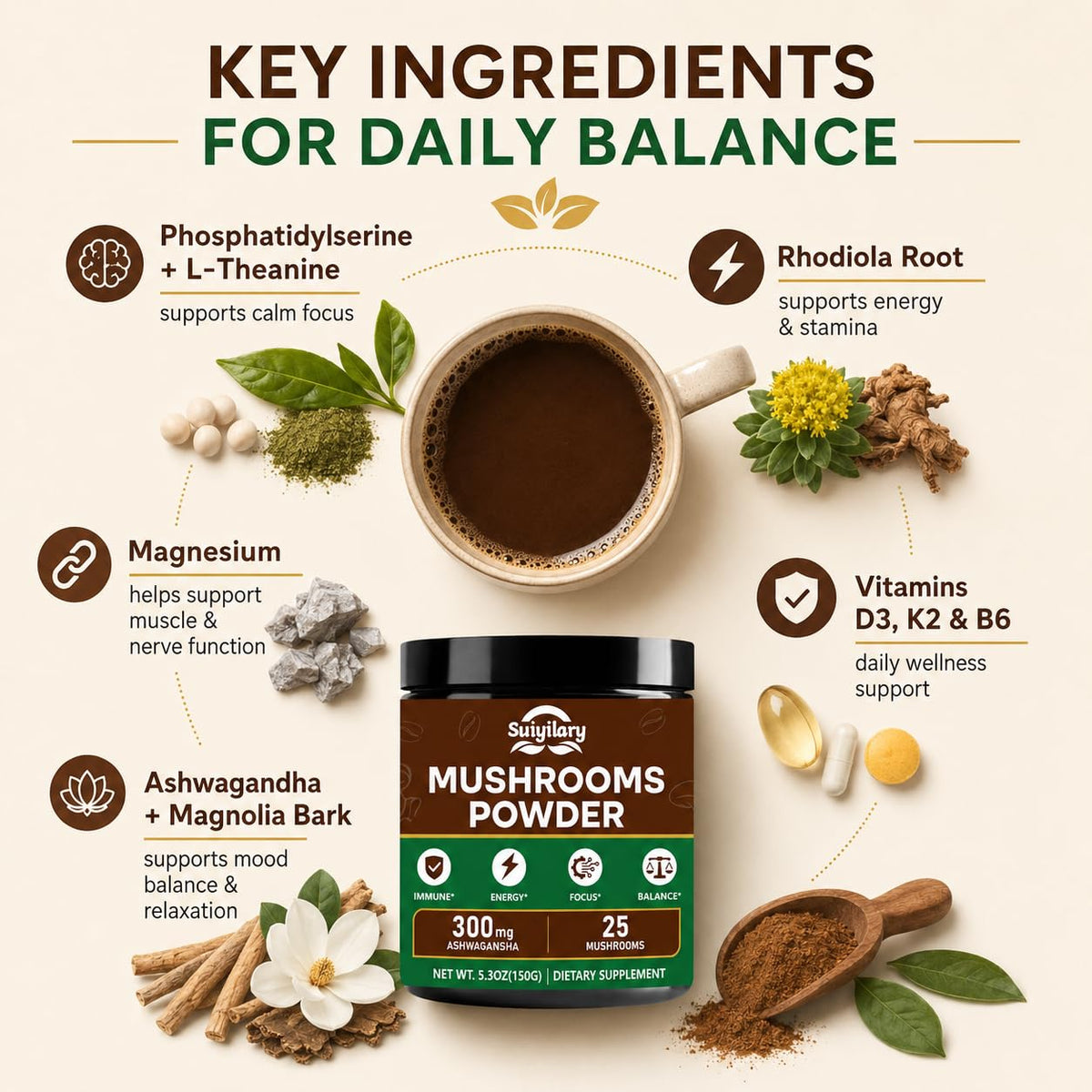 Poudre de champignon Suiyilary 25 en 1 mélangée dans un smoothie