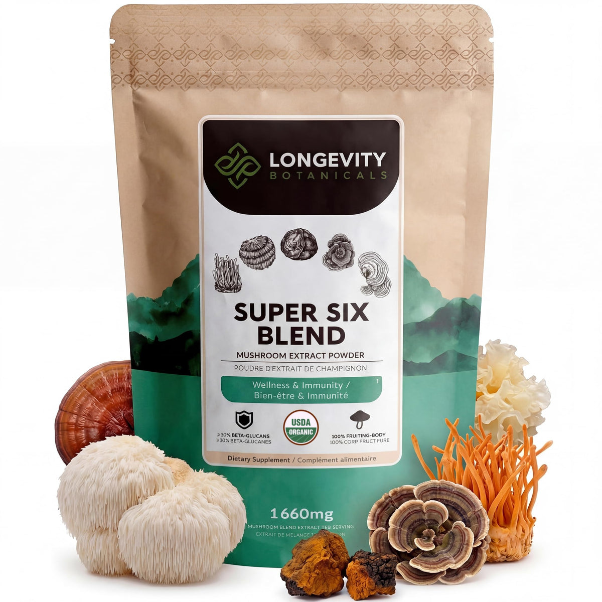 Poudre de champignon Super Six Longevity Botanicals 110g vue de face