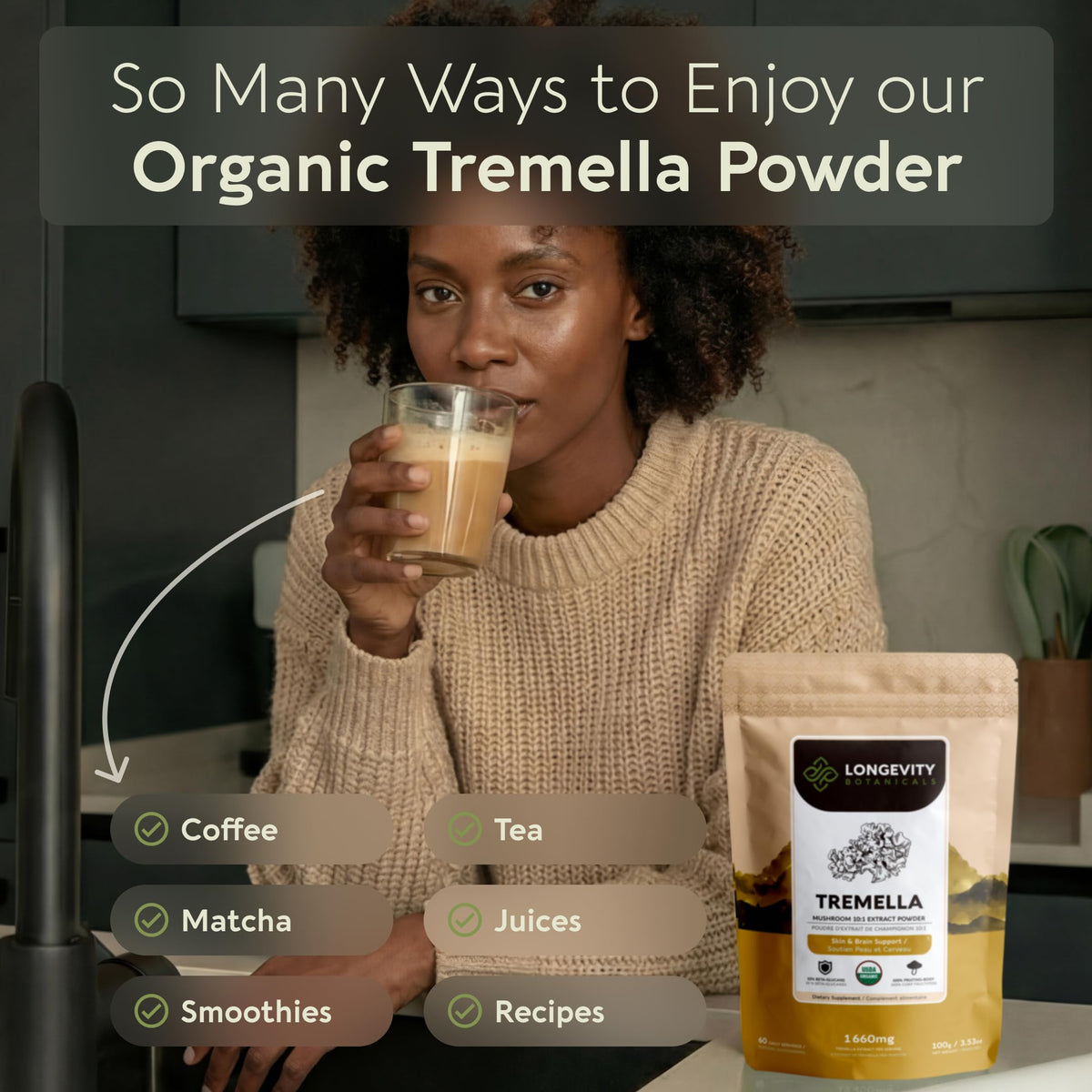 Poudre de champignon Tremella Bio en préparation dans un smoothie
