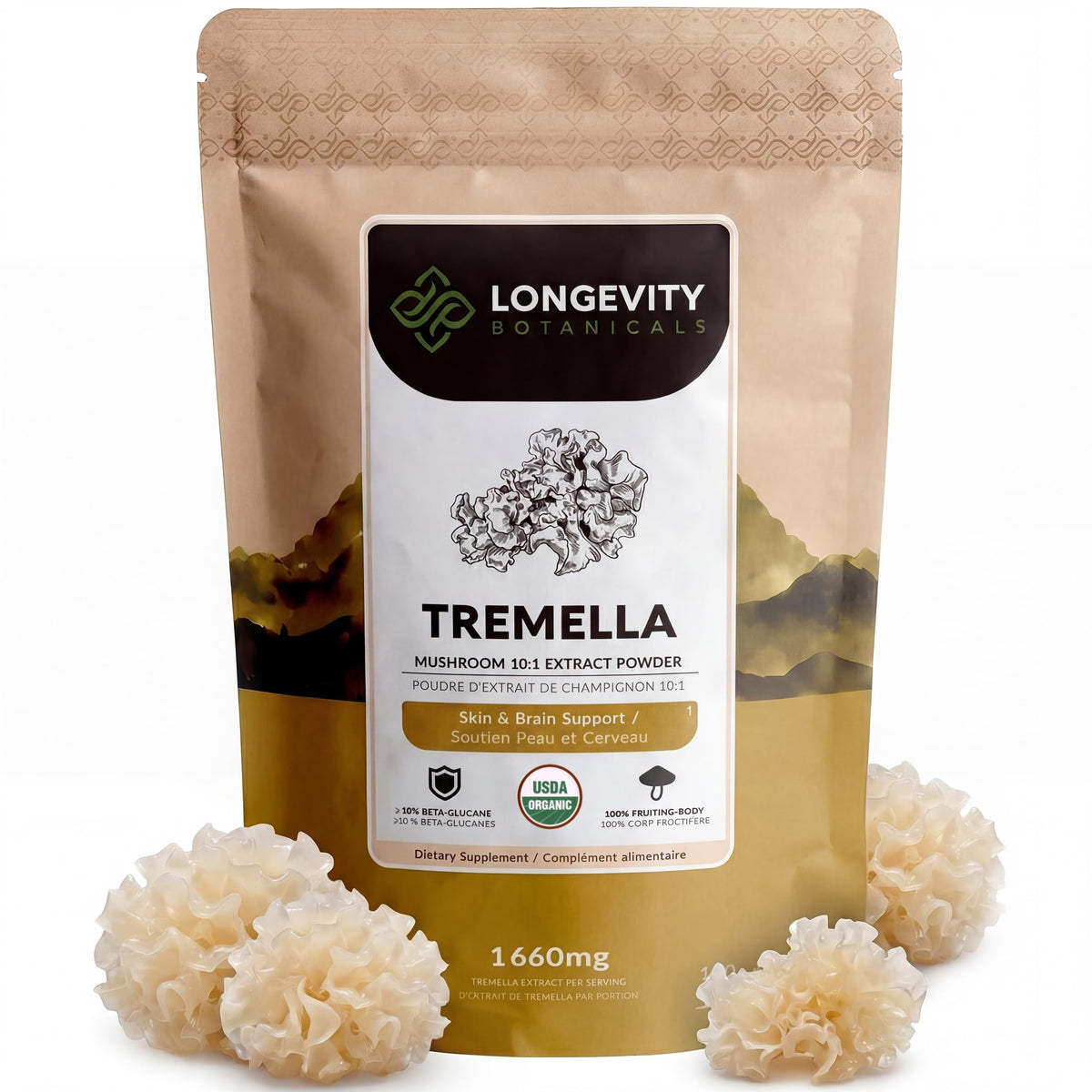 Poudre de champignon Tremella Bio Longevity Botanicals 109g vue avant