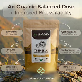 Poudre de champignon Tremella Bio Longevity Botanicals vue de côté