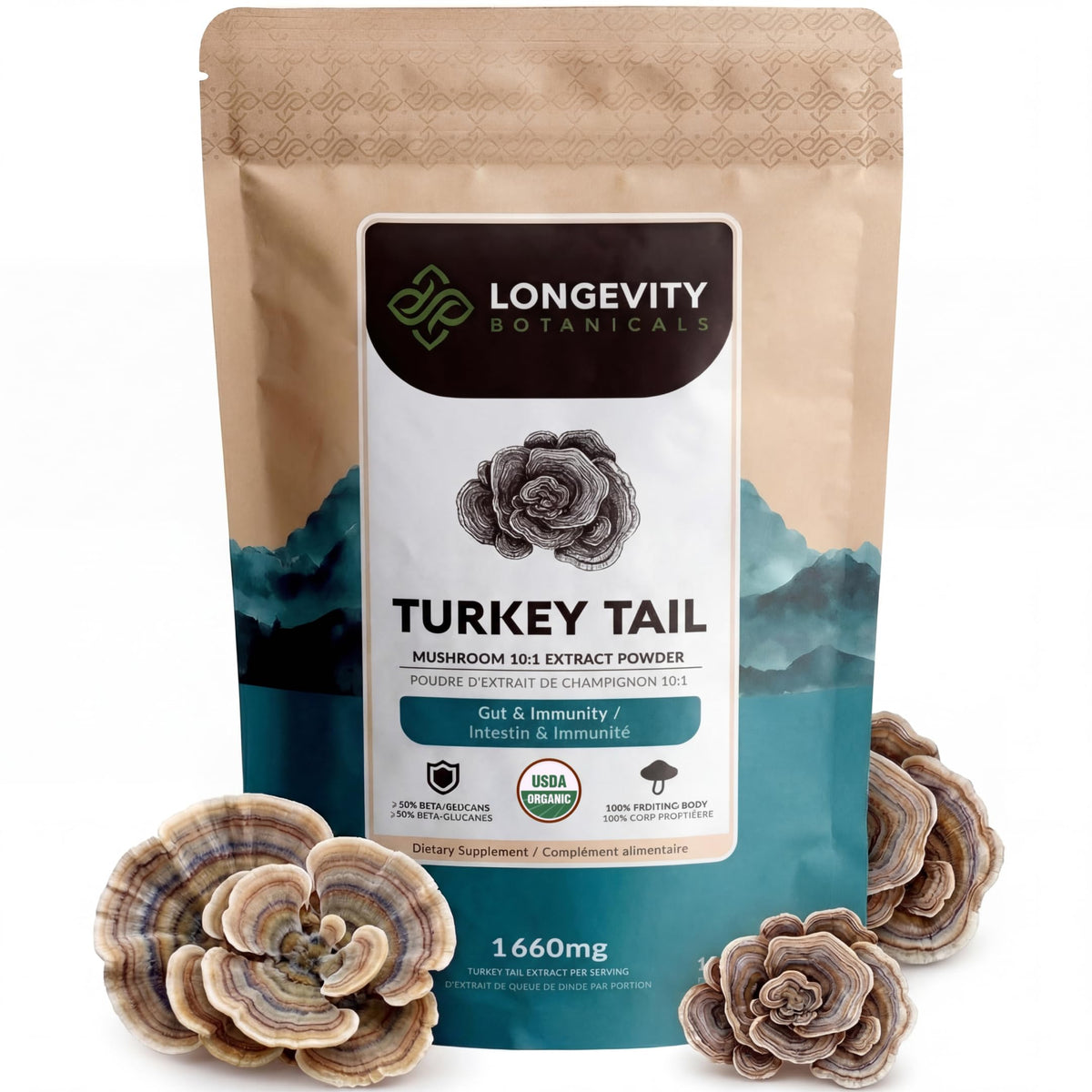Poudre de champignon Turkey Tail Longevity Botanicals 100g vue de face