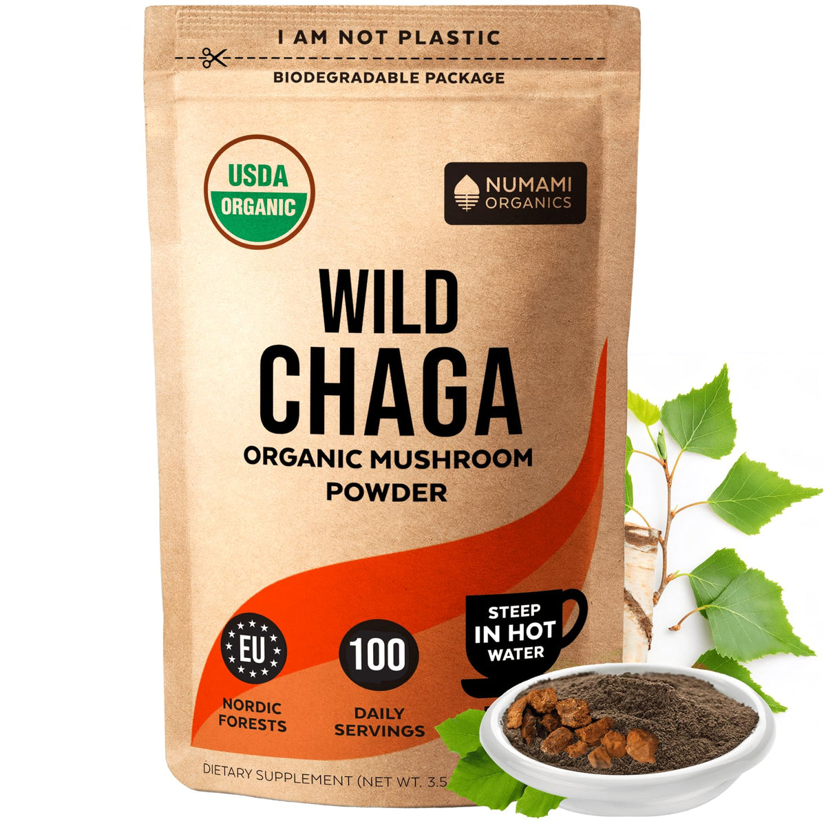 Poudre de champignons Chaga bio Numami dans un sachet recyclable