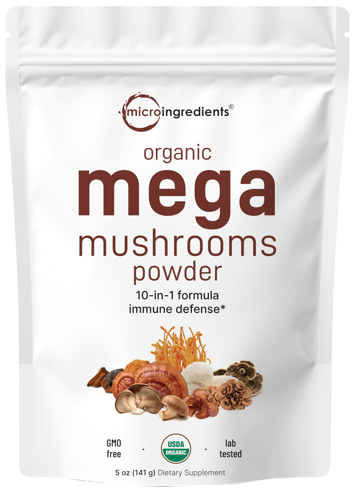 Poudre de champignons organiques 10-en-1 Micro Ingredients, sachet avant