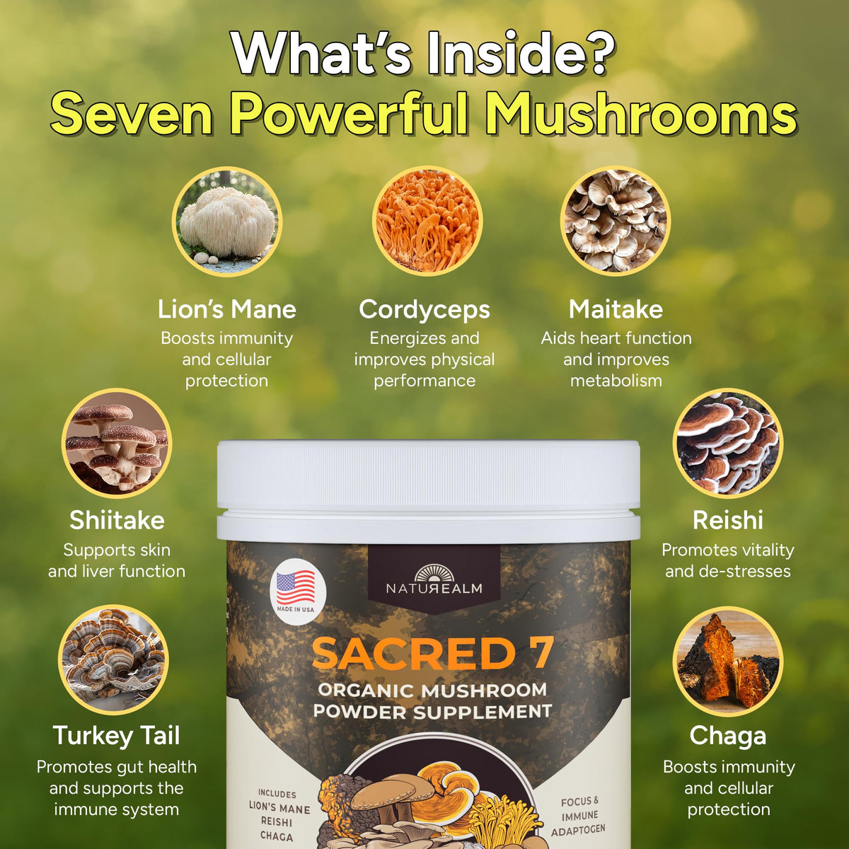 Poudre de champignons Sacred 7 Naturealm en utilisation dans un café