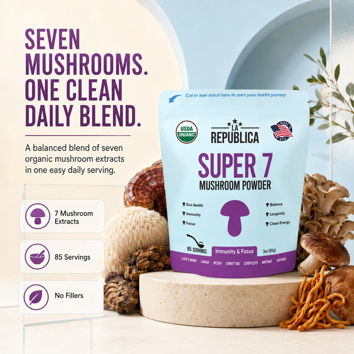 Poudre de Champignons Super 7 sur un plat de soupe