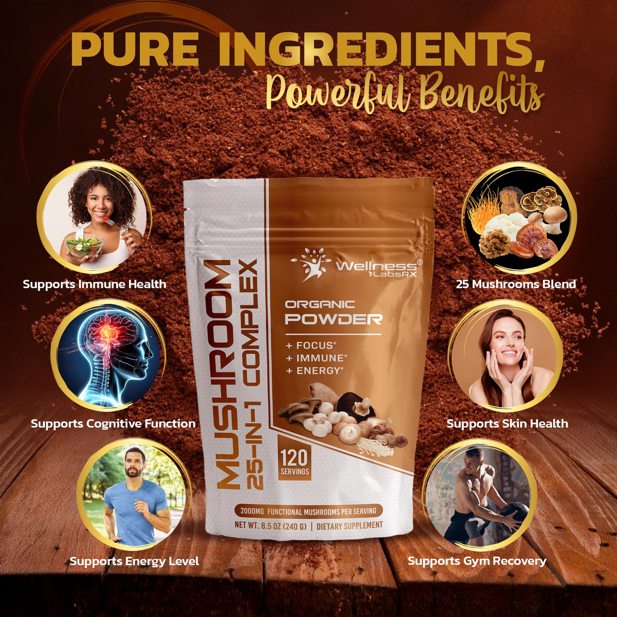 Poudre de champignons WELLNESS LABSRX avec cuillère