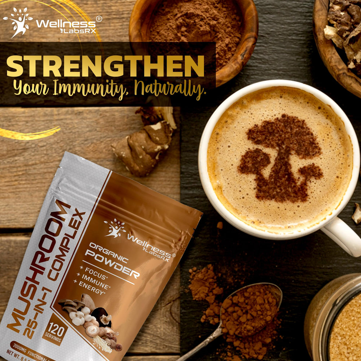 Poudre de champignons WELLNESS LABSRX sur une table