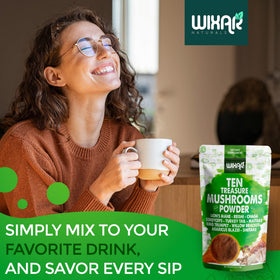 Poudre de champignons WIXAR NATURALS 10 Trésors 113g à côté d'un bol