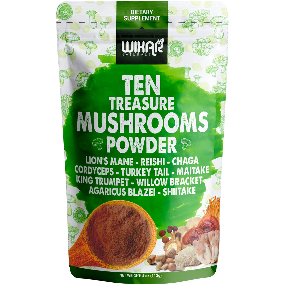 Poudre de champignons WIXAR NATURALS 10 Trésors 113g vue de face