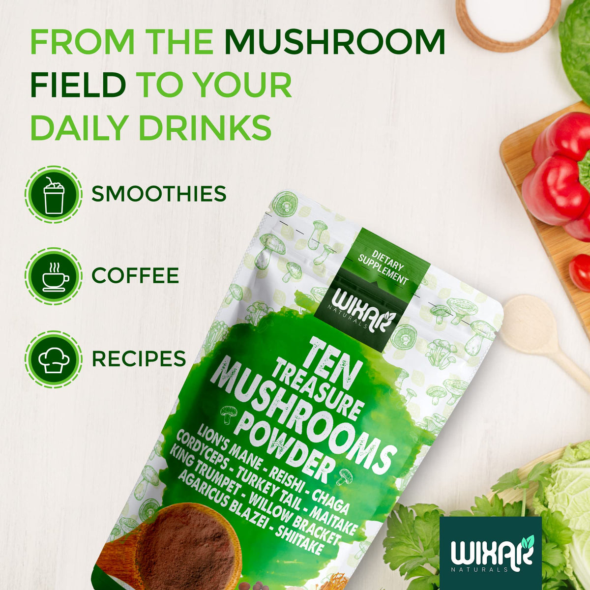 Poudre de champignons WIXAR NATURALS ajoutée à un café