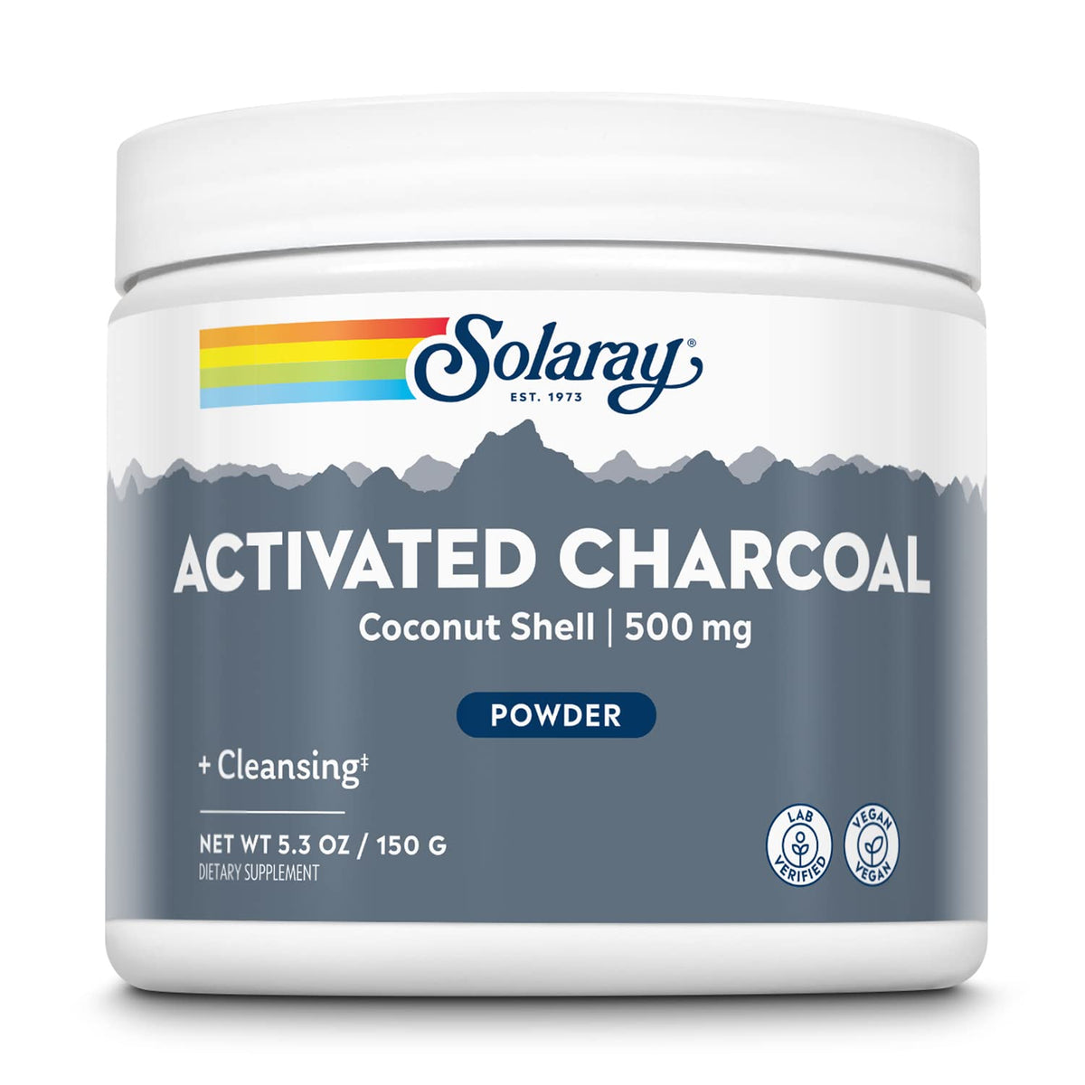 Poudre de charbon actif de coco SOLARAY 500 mg, vue de face