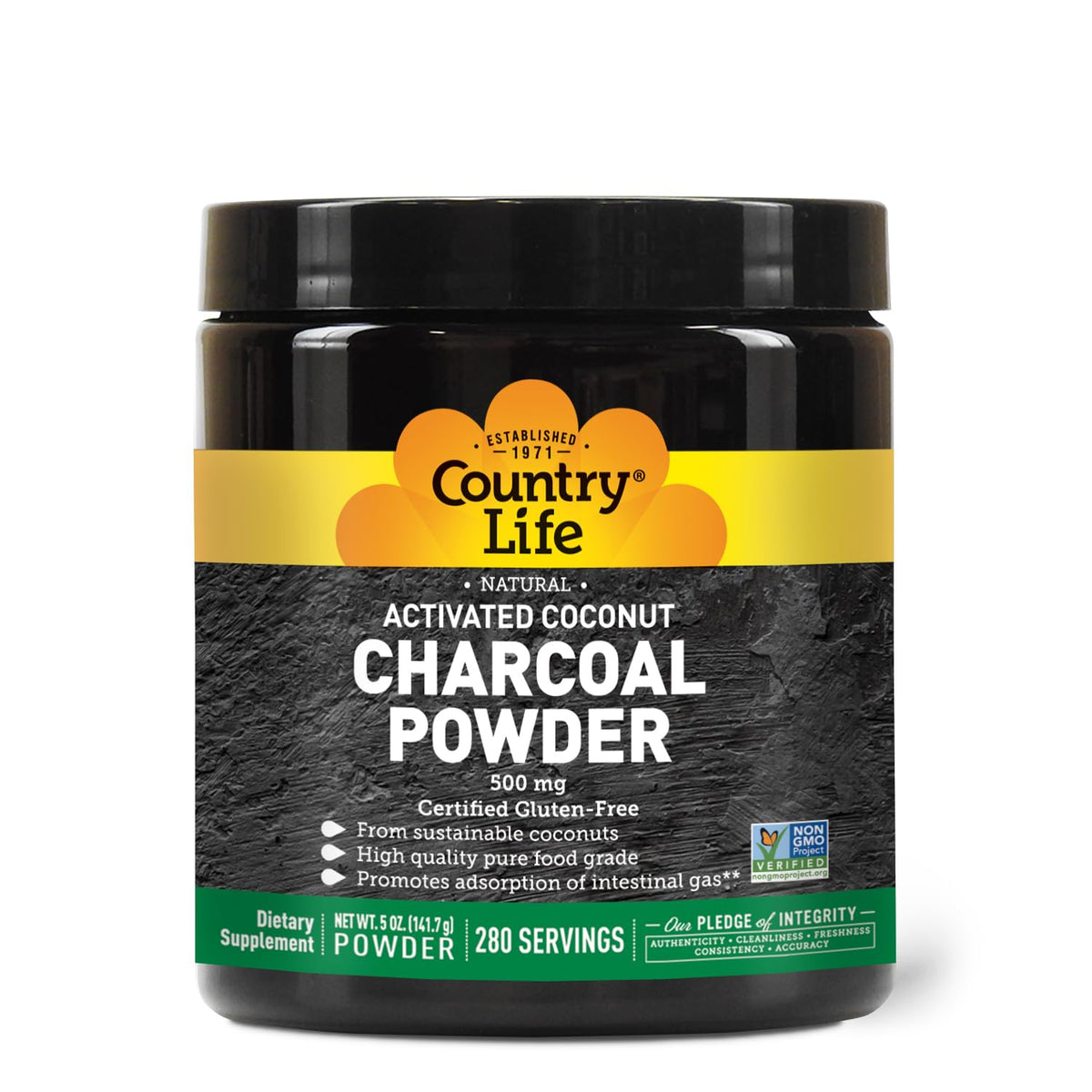 Poudre de charbon actif de noix de coco Country Life 500 mg vue de face