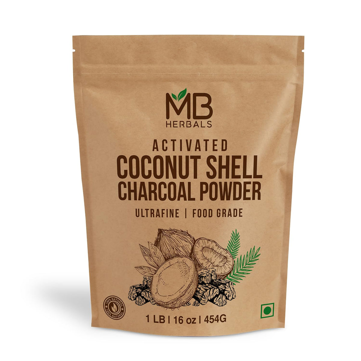 Poudre de Charbon Actif MB Herbals 454 g en emballage avant
