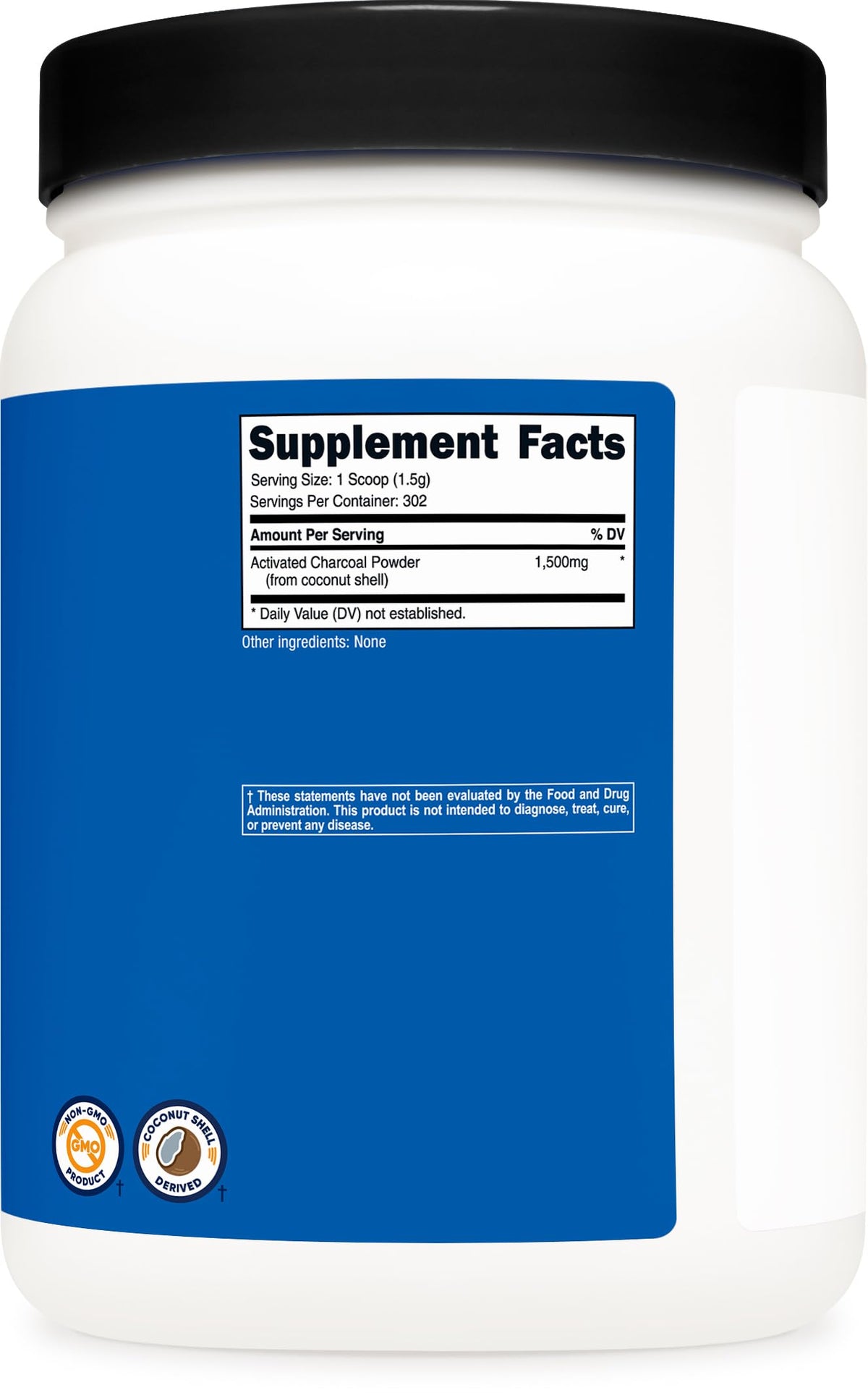 Poudre de Charbon Actif Nutricost 1LB mise en scène avec des fruits