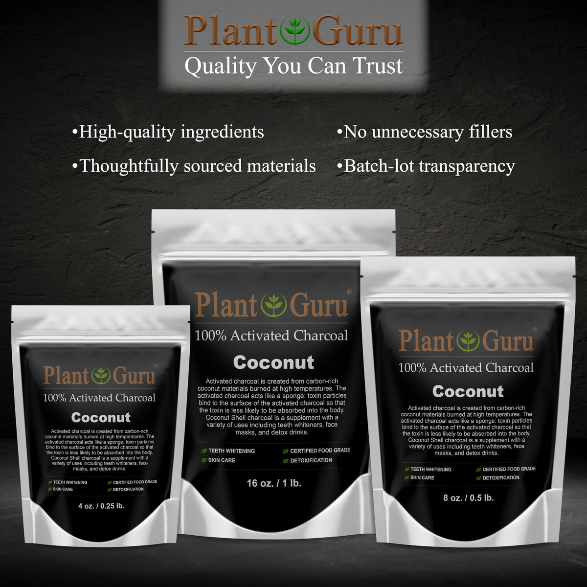 Poudre de charbon actif Plant Guru 241g à côté d'un dentifrice naturel