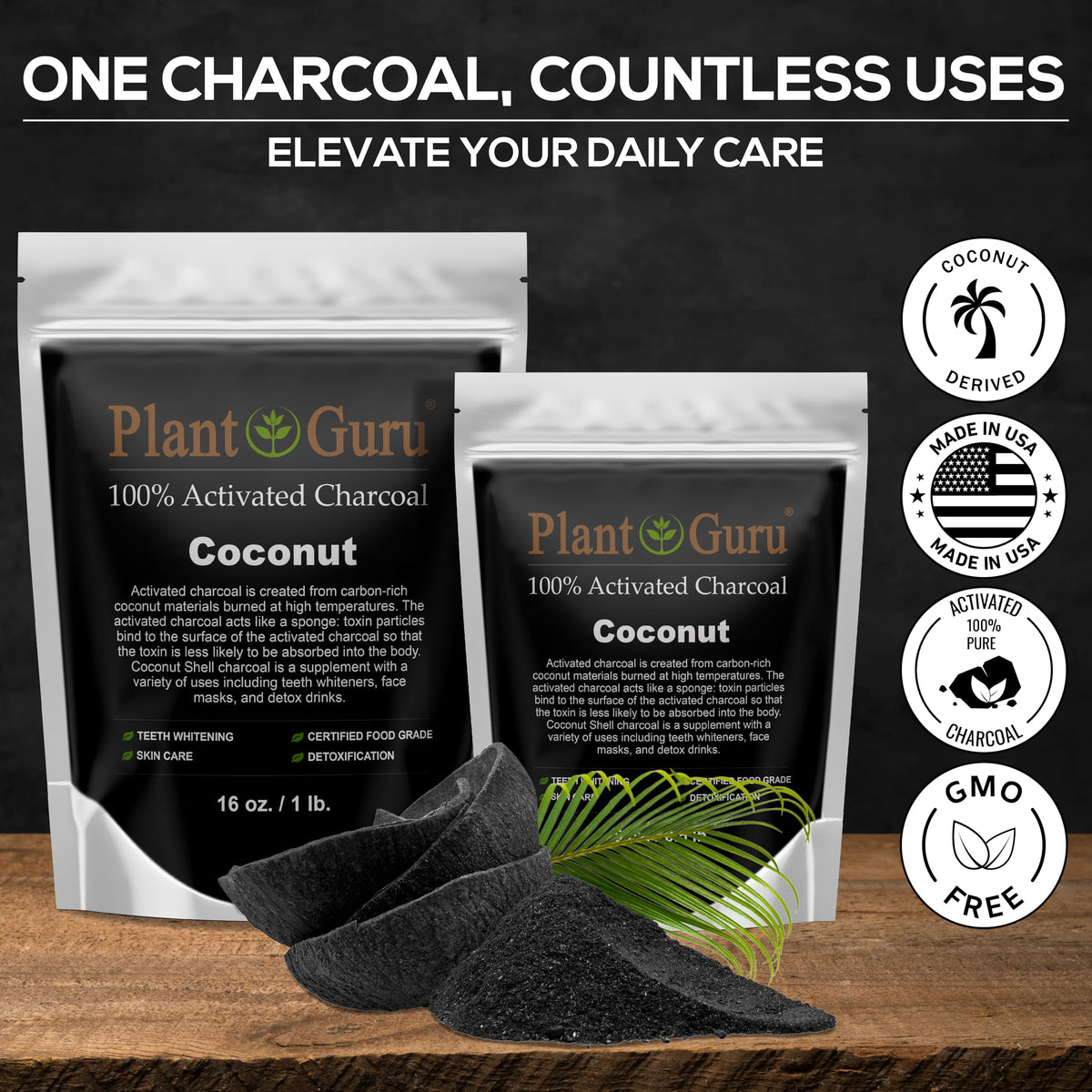 Poudre de charbon actif Plant Guru 241g dans un bol