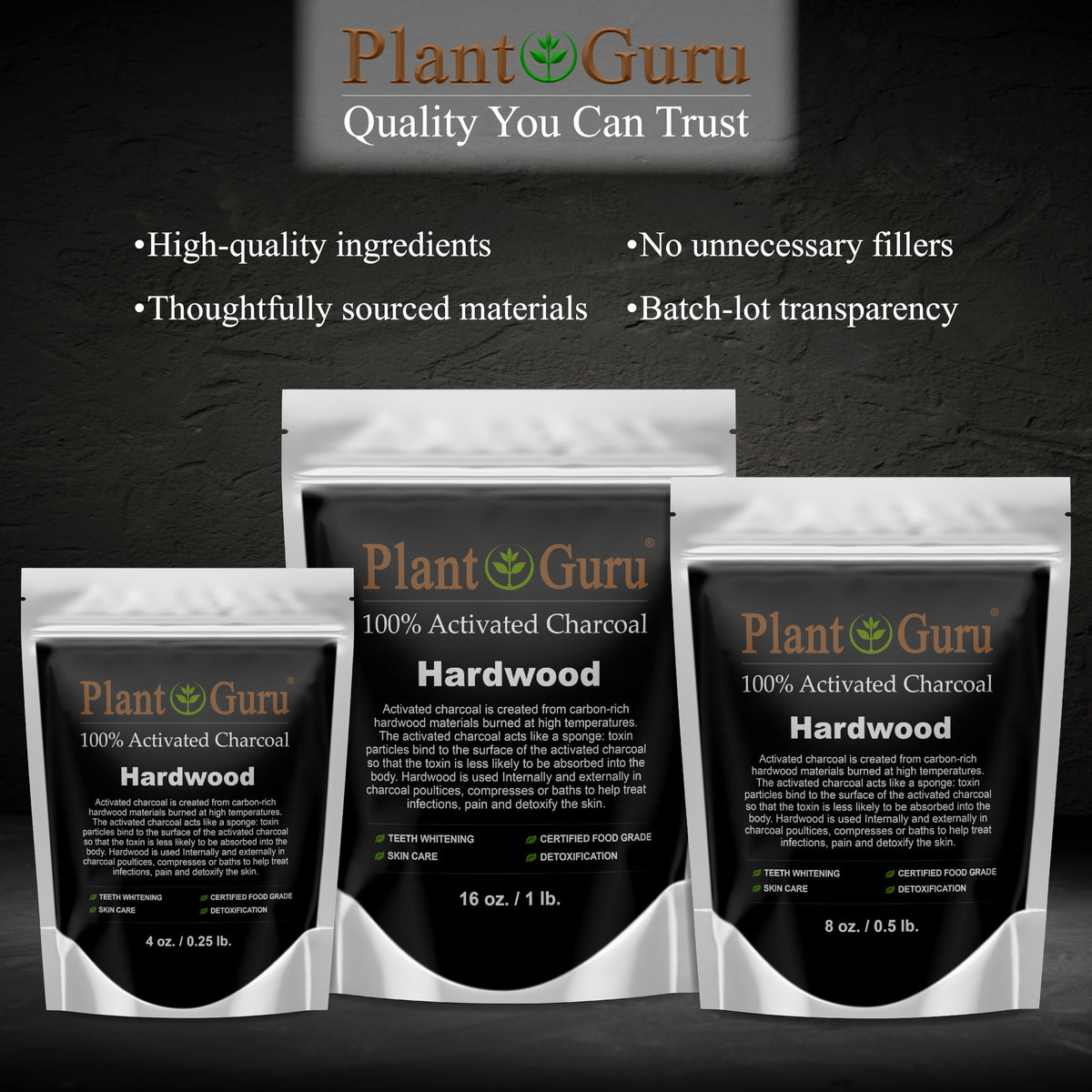Poudre de charbon actif Plant Guru sur une surface de travail