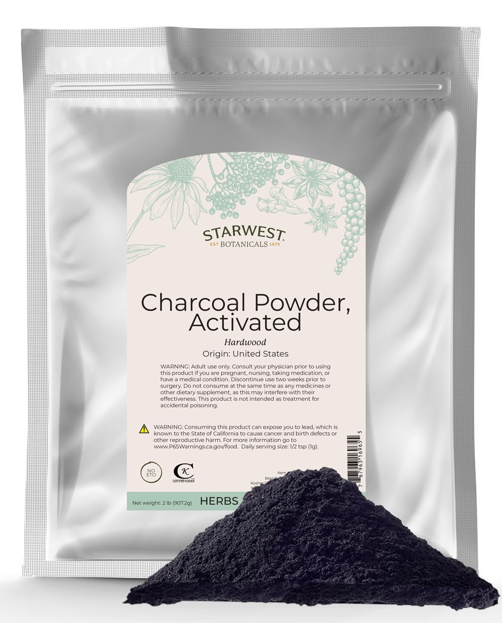 Poudre de Charbon Actif Starwest Botanicals 939 g en sachet refermable