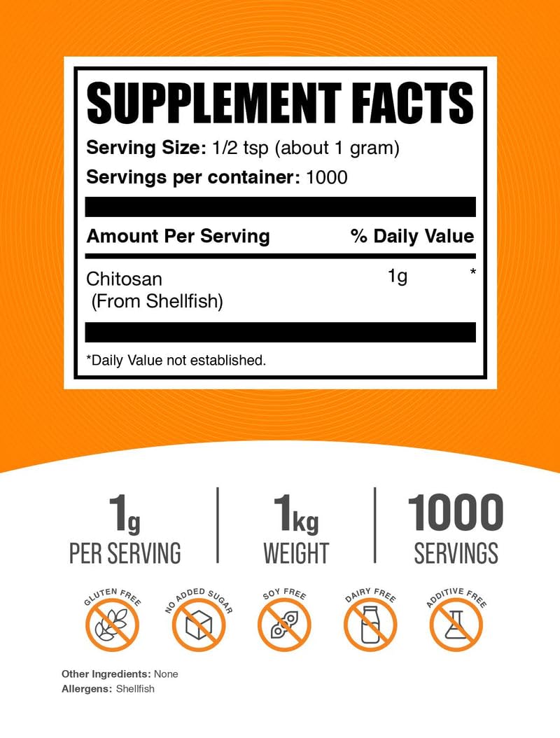 Poudre de Chitosan BulkSupplements vue de dos avec informations nutritionnelles