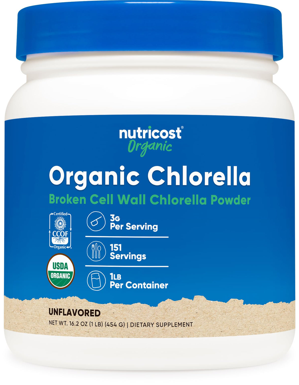 Poudre de chlorella bio Nutricost vue de face avec packaging