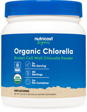 Poudre de chlorella bio Nutricost vue de face avec packaging