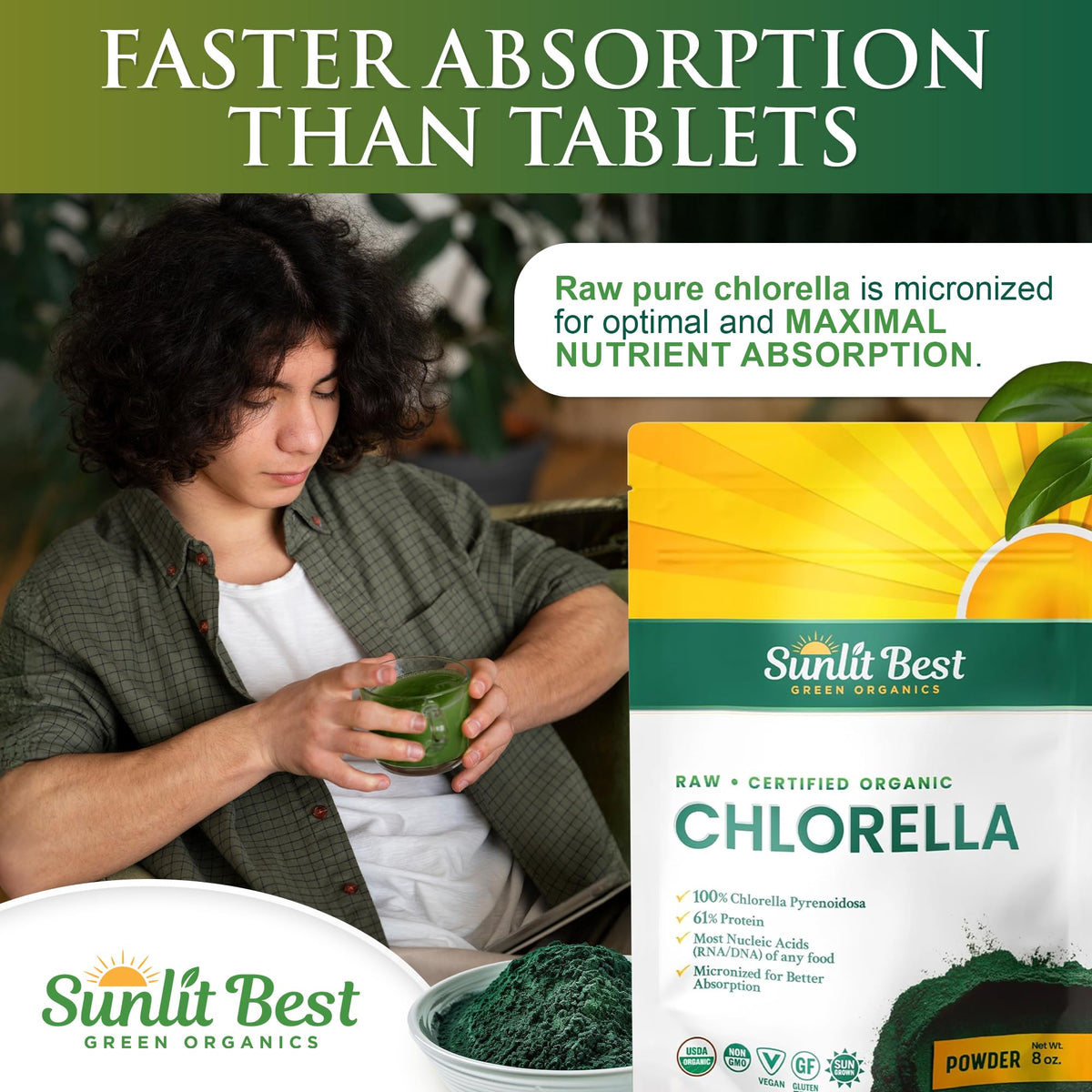 Poudre de chlorelle bio Sunlit Best dans un shaker
