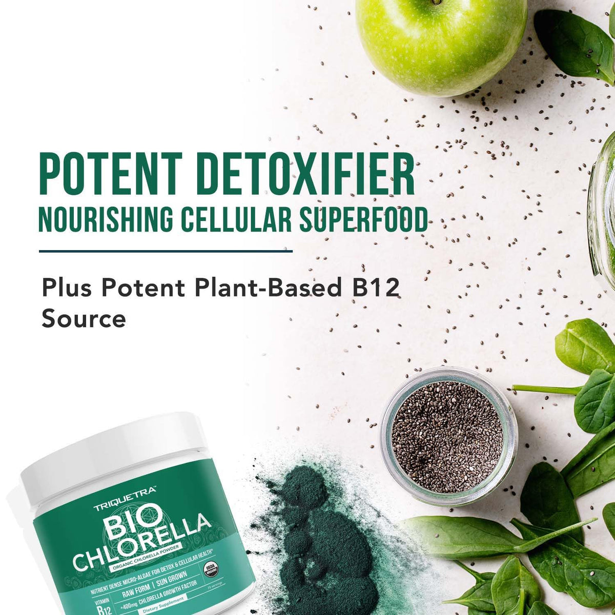 Poudre de chlorelle bio Triquetra Health avec cuillère