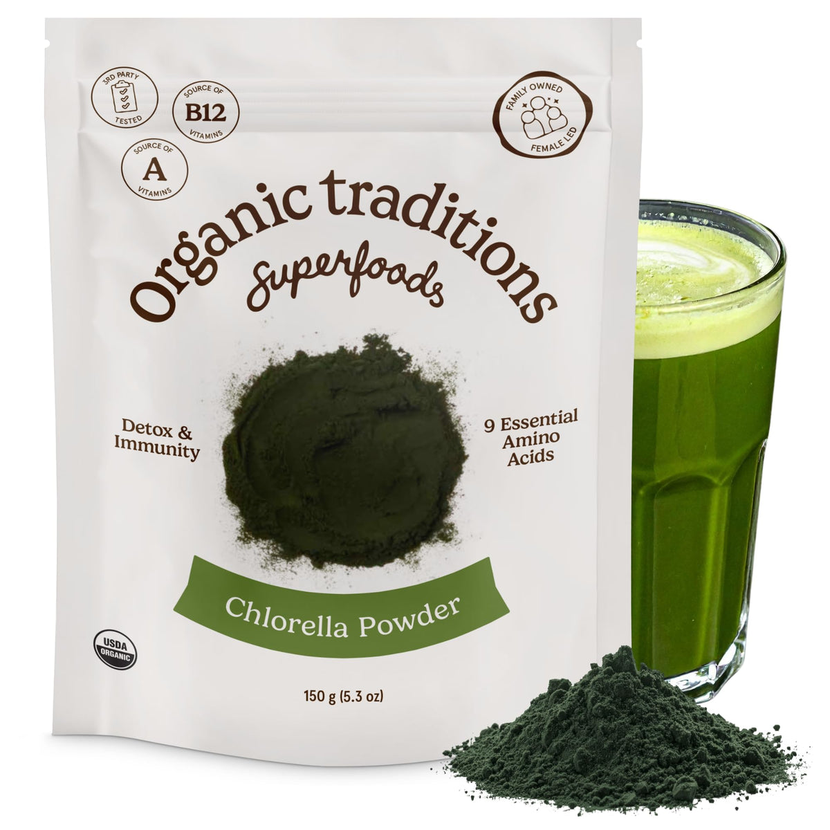 Poudre de chlorelle Organic Traditions 159g vue de face