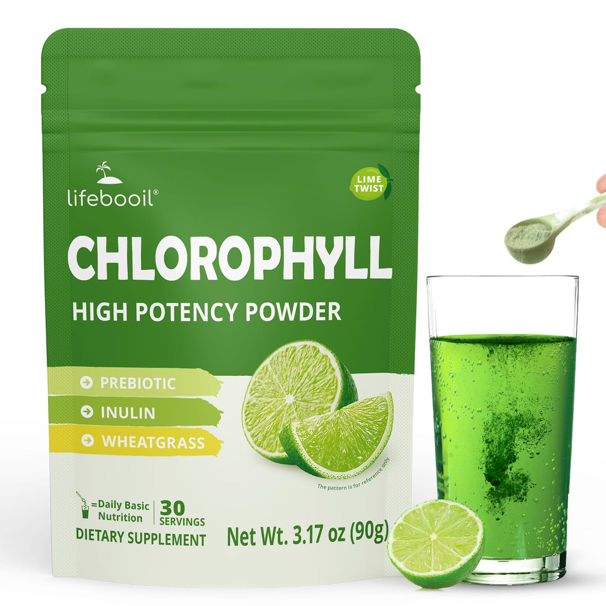 Poudre de chlorophylle Lifebooil 120mg saveur citron vert vue de face