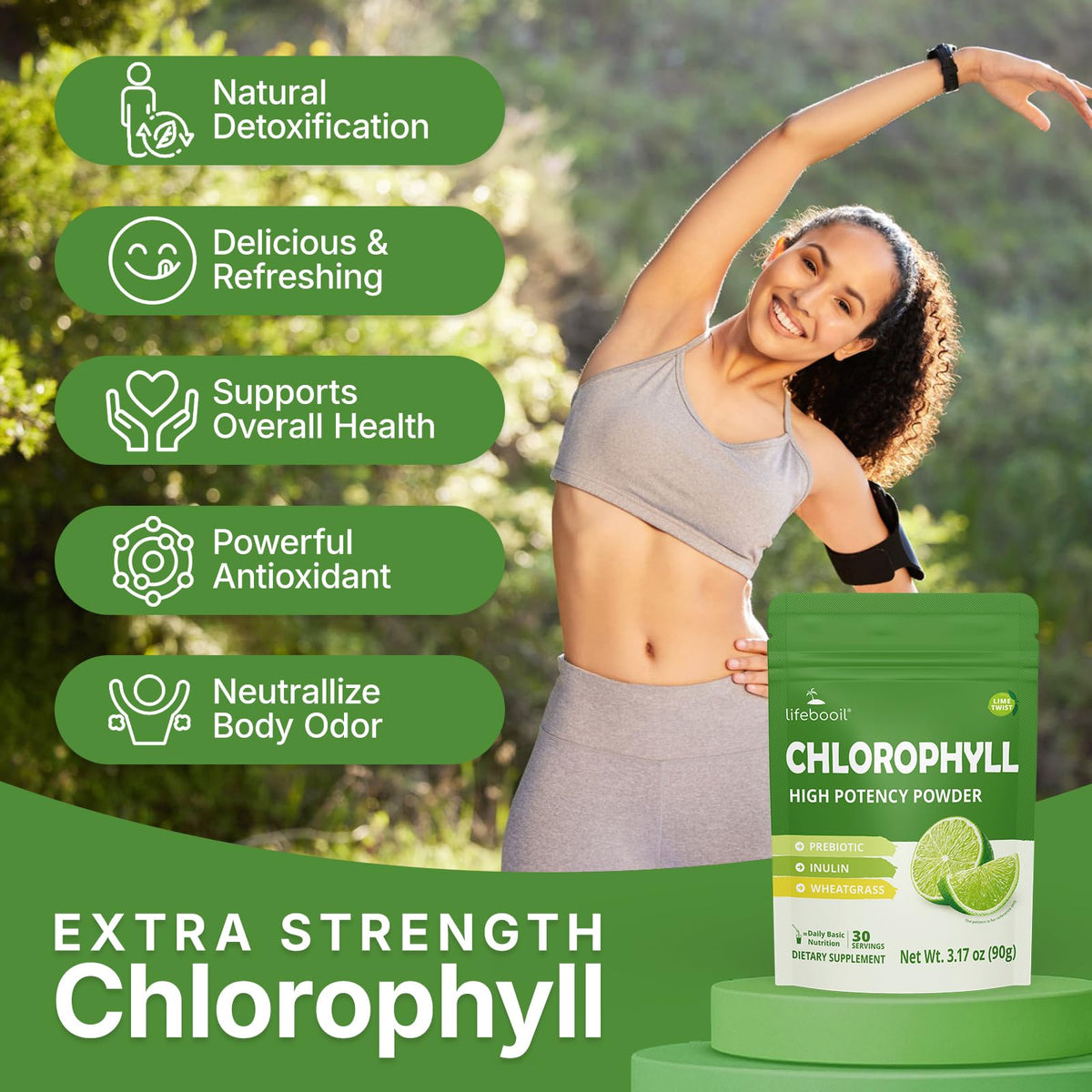 Poudre de chlorophylle Lifebooil mélangée dans un verre d'eau