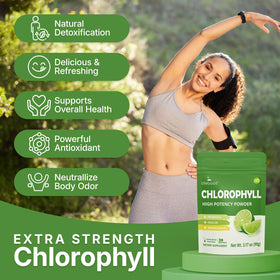 Poudre de chlorophylle Lifebooil mélangée dans un verre d'eau